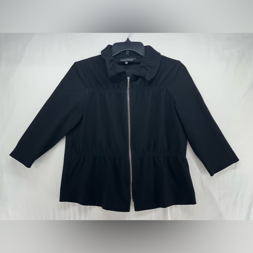 MING WANG Black Knit Blazer Full Zip Cinch Waist Size Petite XS Jacket Lightweig